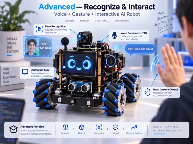 Robot AI Mecanum ở cấp Advanced của chương trình NaviX AI Product Engineering & Smart Machines, có camera, nhận diện khuôn mặt, điều khiển bằng cử chỉ, giọng nói và màn hình LCD