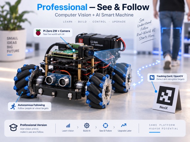Professional See & Follow - Mecanum robot với Raspberry Pi Zero 2W, camera, OpenCV và tracking card