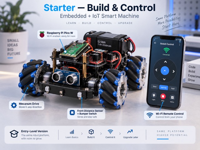 Starter Build & Control - Mecanum Smart Car dùng Raspberry Pi Pico W, cảm biến và điều khiển Wi-Fi bằng smartphone