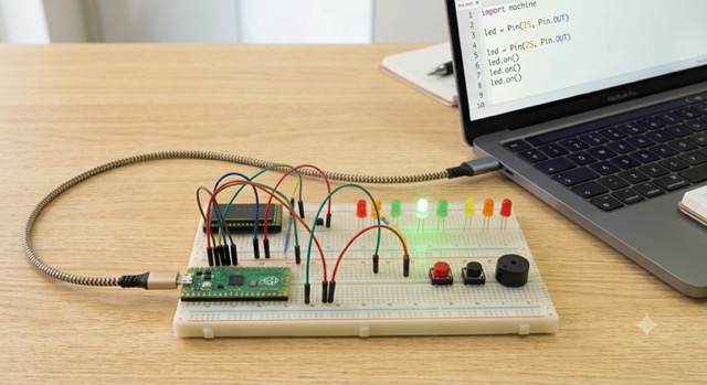 Raspberry Pi Pico nối với breadboard, LED, nút nhấn và buzzer trong NaviX IoT Foundations Workshop
