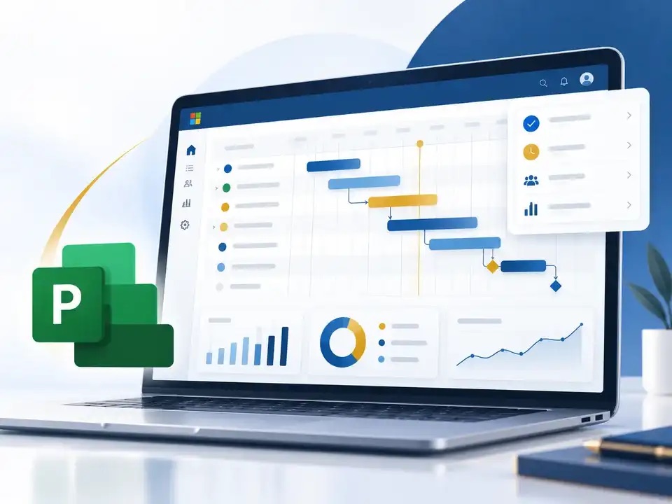 Minh họa Microsoft Project với biểu đồ Gantt, kế hoạch tiến độ và báo cáo dự án